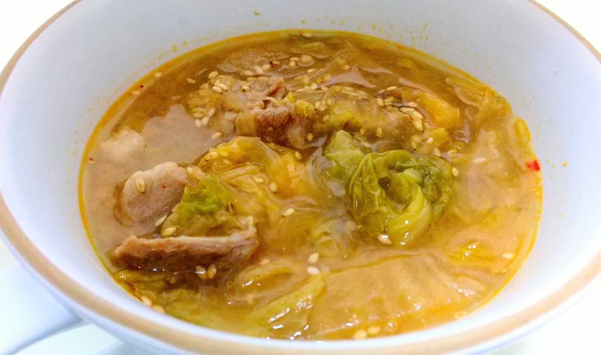 豚こま肉白菜のピリ辛春雨スープ