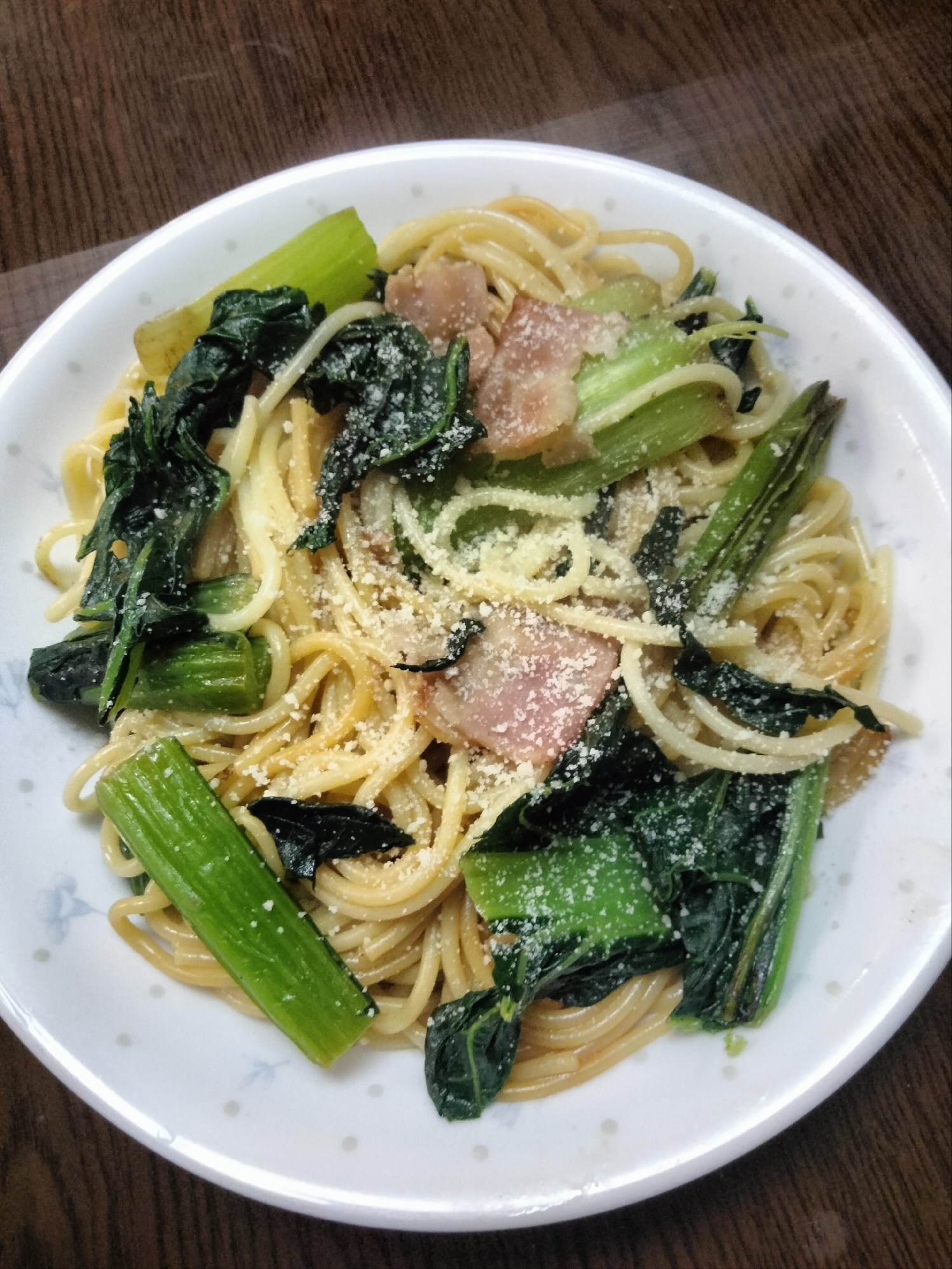 小松菜とベーコンの簡単パスタ