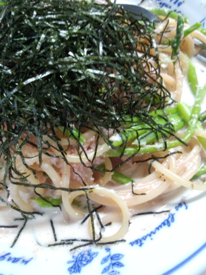 ゆるいのが好きなのでパスタの茹で汁をプラスしました、しその葉のかわりに細いアスパラを使いましたがレモン汁のおかげでさっぱりしていただけました♪ご馳走様でした♪