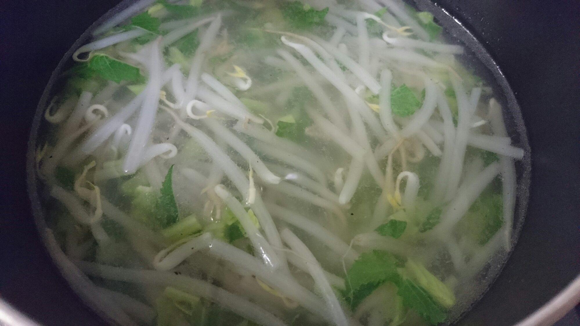 大根の葉ともやしの中華スープ