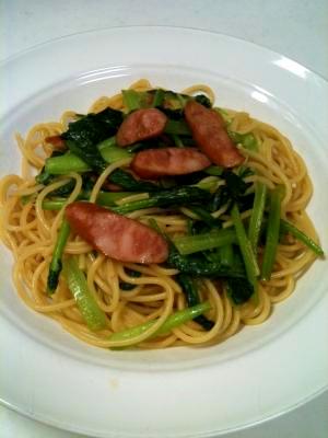 小松菜とソーセージの和風スパゲティ