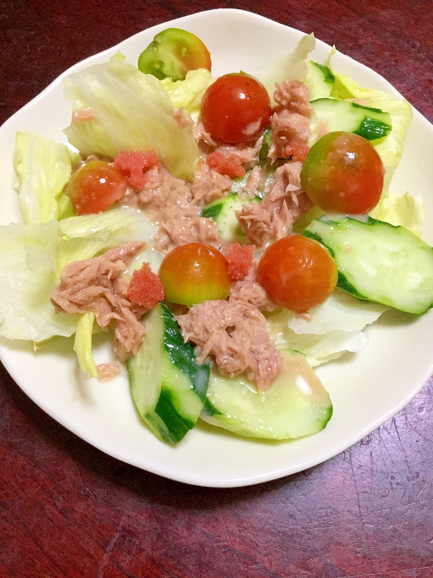 シーチキンと明太子とミニトマトのポン酢サラダ！