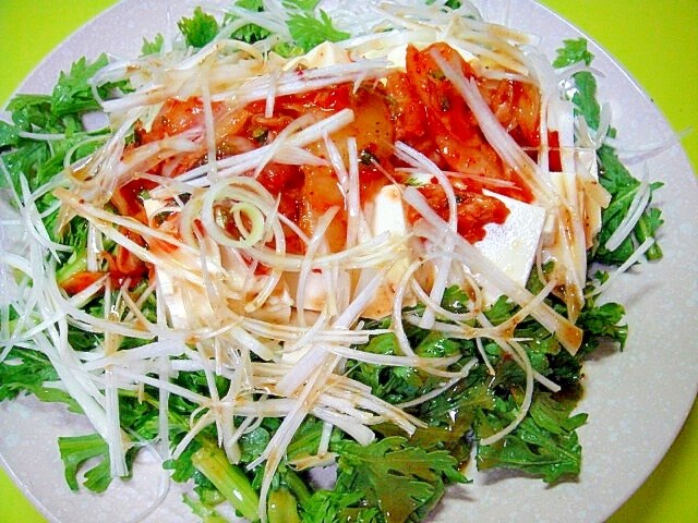 白髪ネギと春菊のキムチ豆腐サラダ レシピ・作り方 by mint✩（返レポ