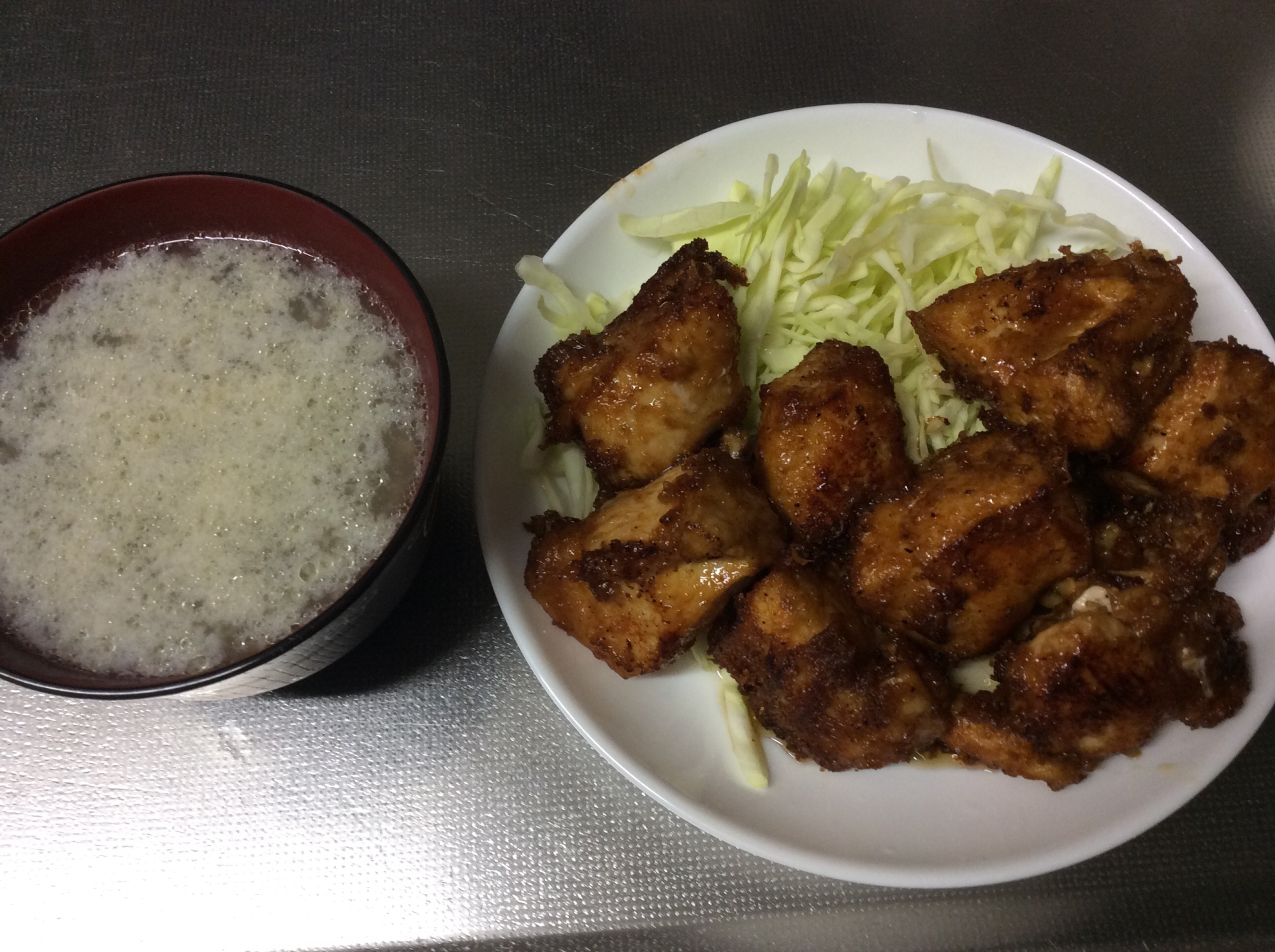 赤味噌味の鶏胸肉唐揚げ(おまけのチキンスープ)