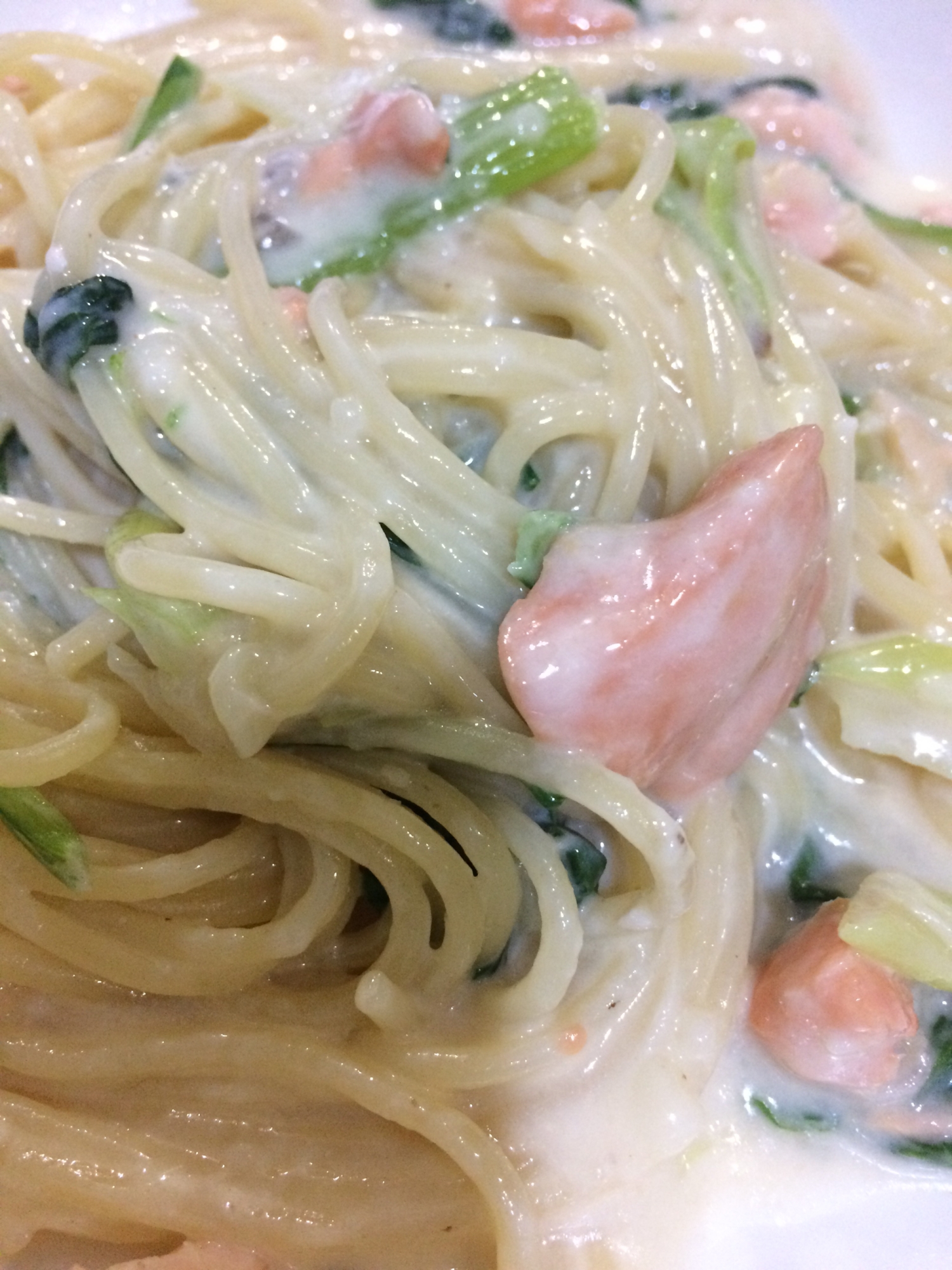 鮭と小松菜のクリームスパゲッティ(*´艸｀)