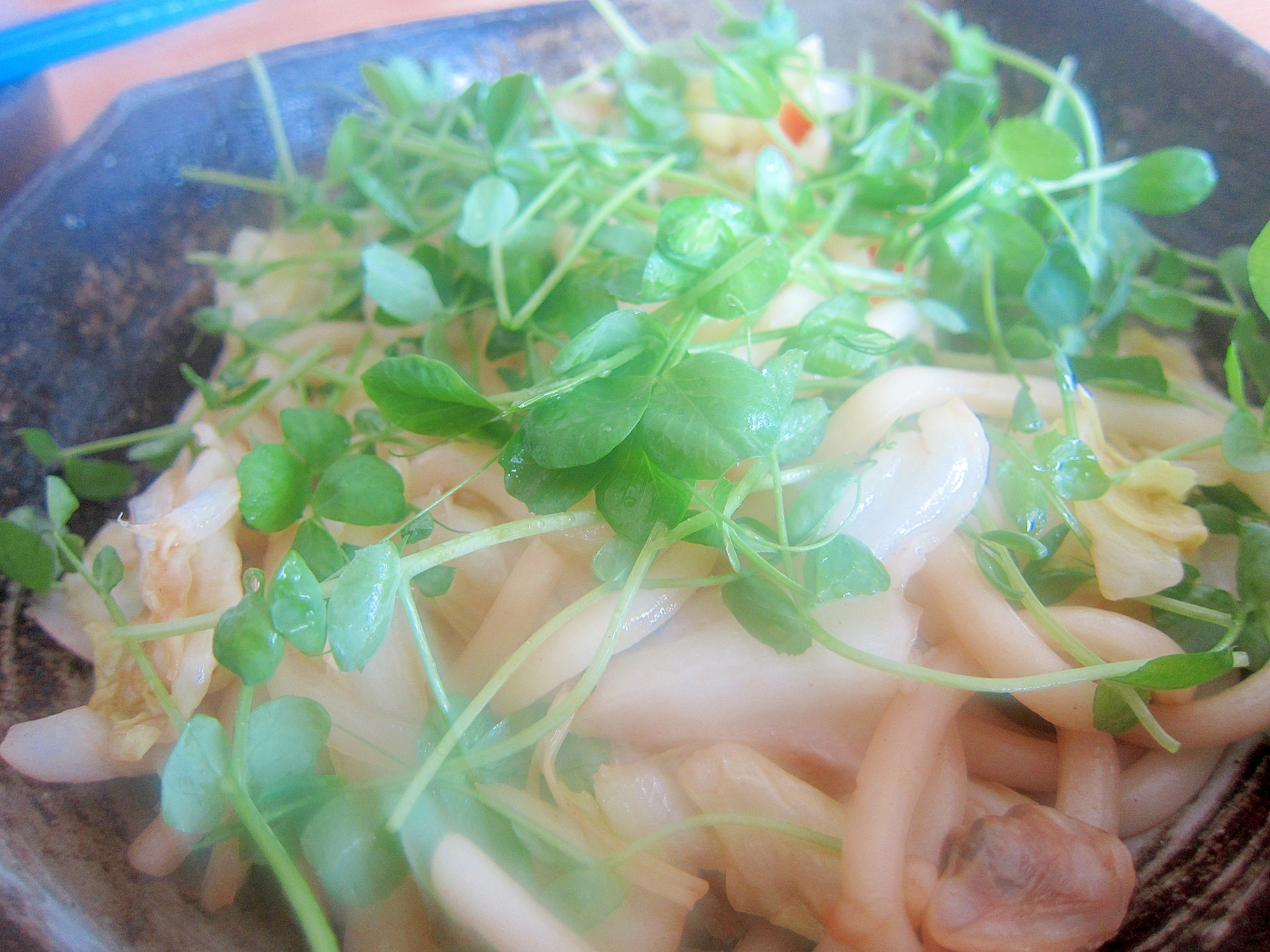 イカと浅利の豆苗グリルの醤油焼き饂飩