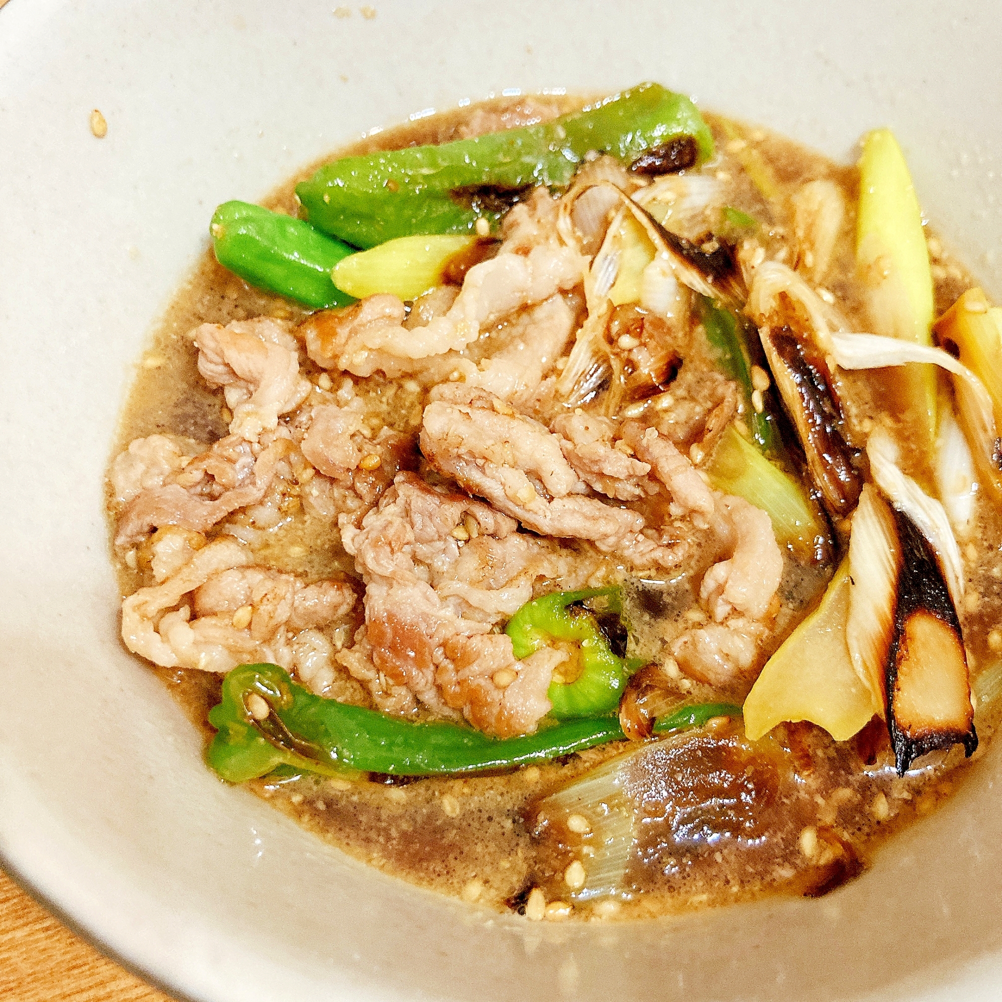 具だくさん!豚としし唐の甘辛つけ汁