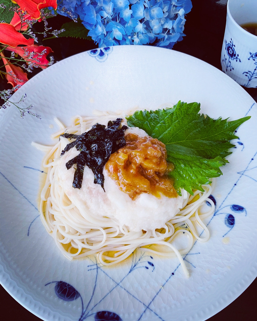 暑い日にさっぱりと！梅肉とトロロの冷やしかけうどん