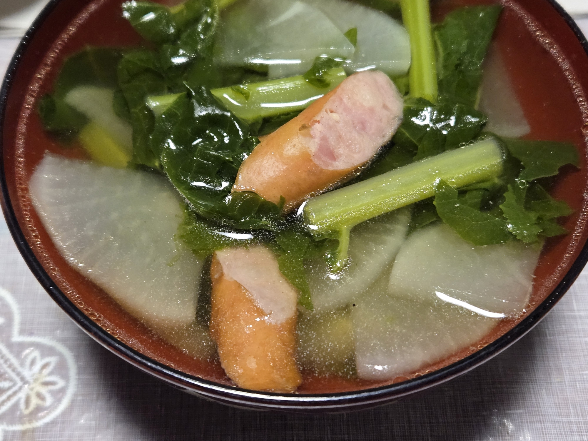 青菜とウインナーと大根のコンソメスープ