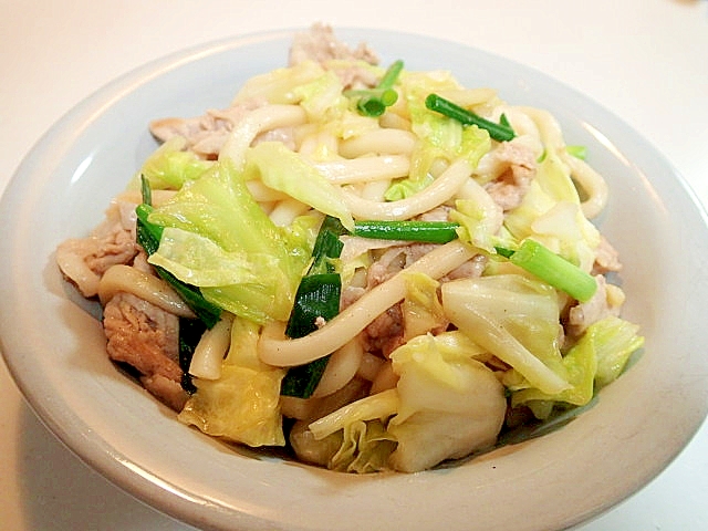 追いがつおつゆで　豚肉と野菜の焼き饂飩