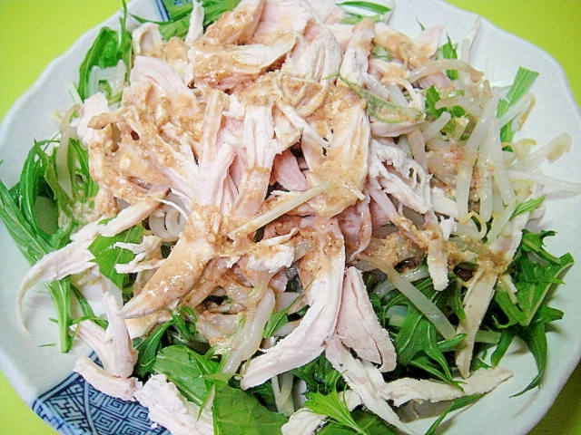 もやしと鶏むね肉水菜のごまドレッシングサラダ レシピ 作り方 By Mint74 楽天レシピ