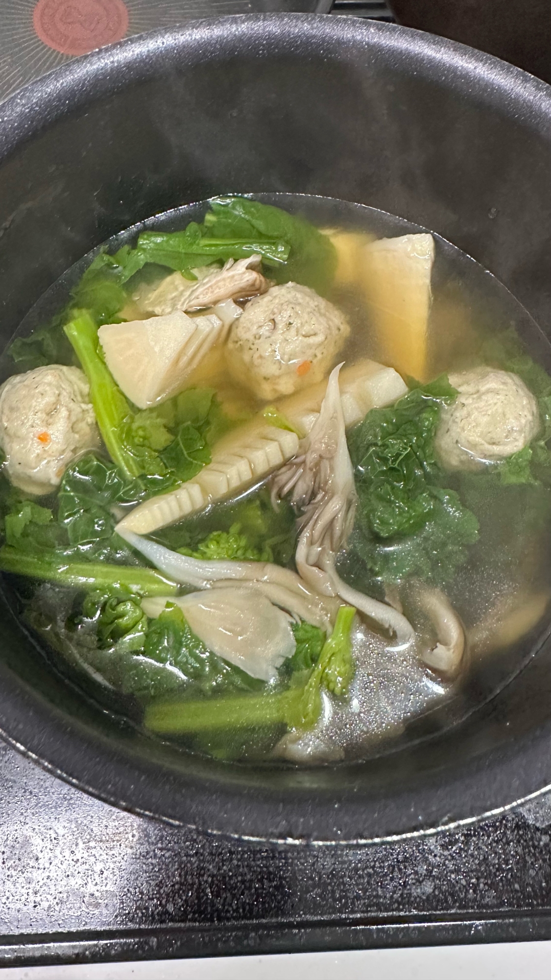 葉酸⭐菜の花タケノコ舞茸鶏団子の白だし煮