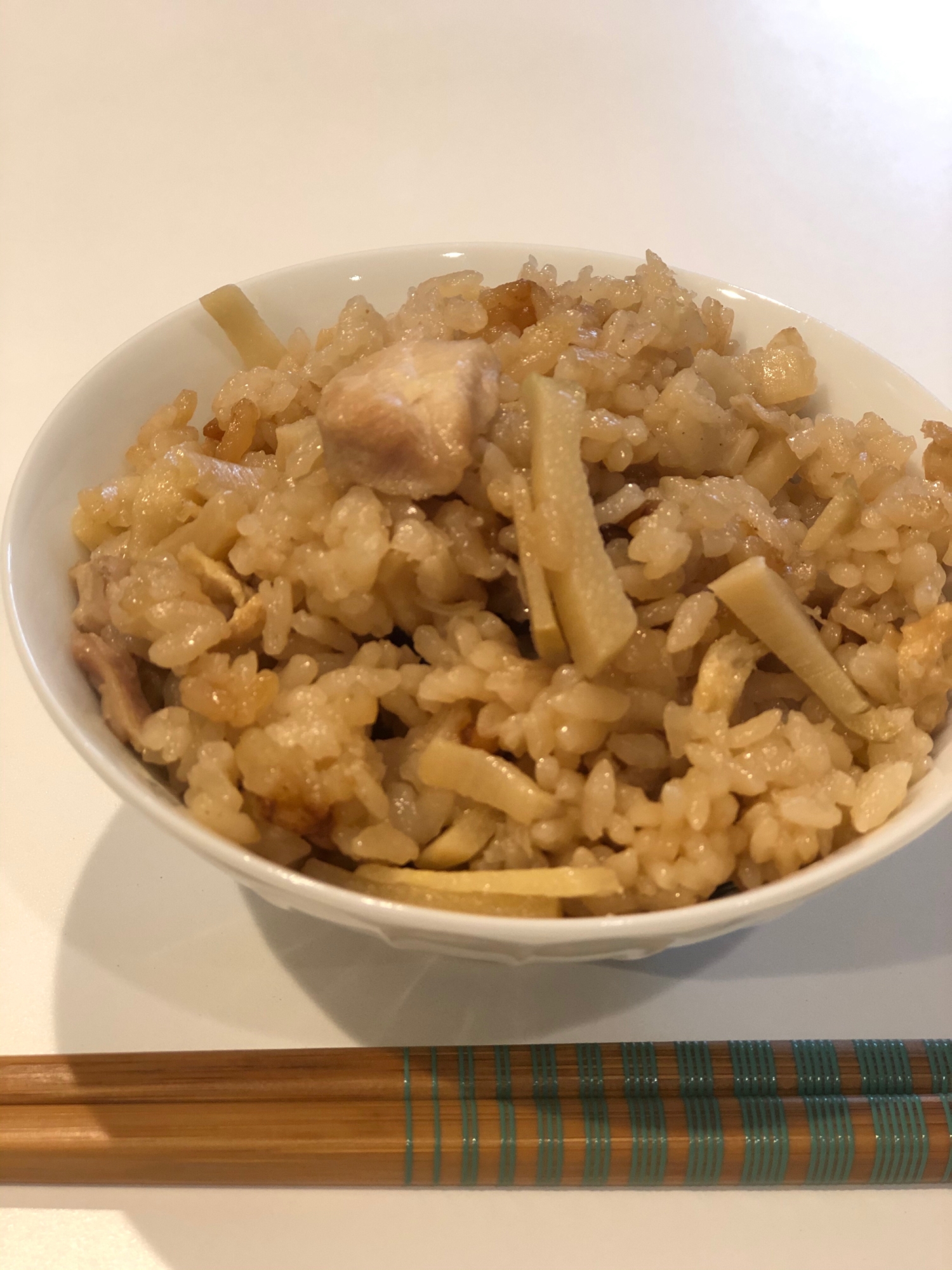 少し甘めの味付けのタケノコご飯(鶏もも肉入り)