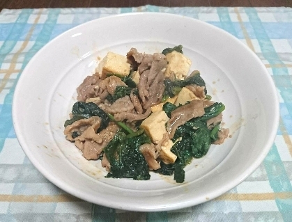 豆腐とほうれん草豚肉の中華炒め