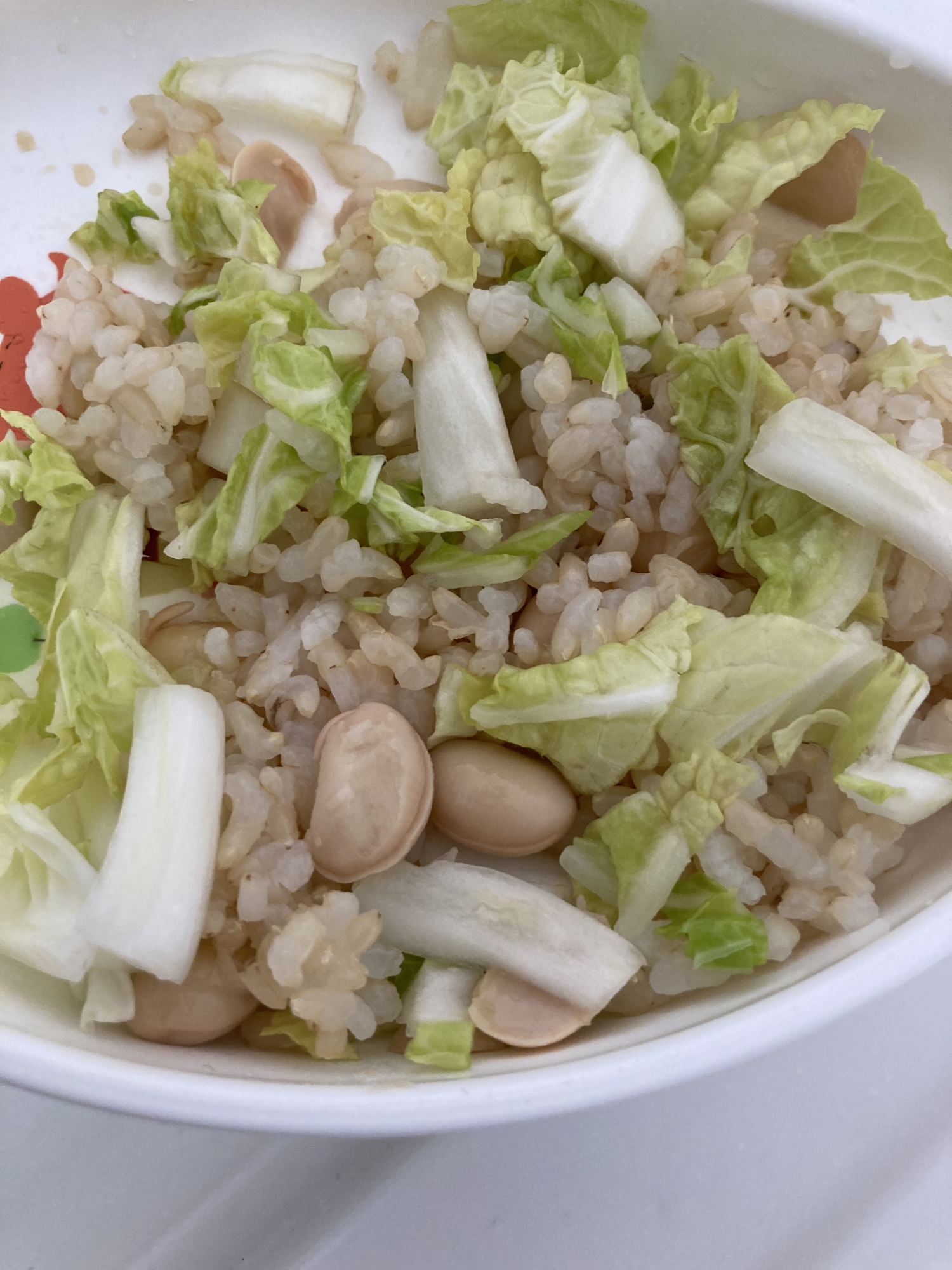 白菜と水煮大豆の玄米ごま油チャーハン