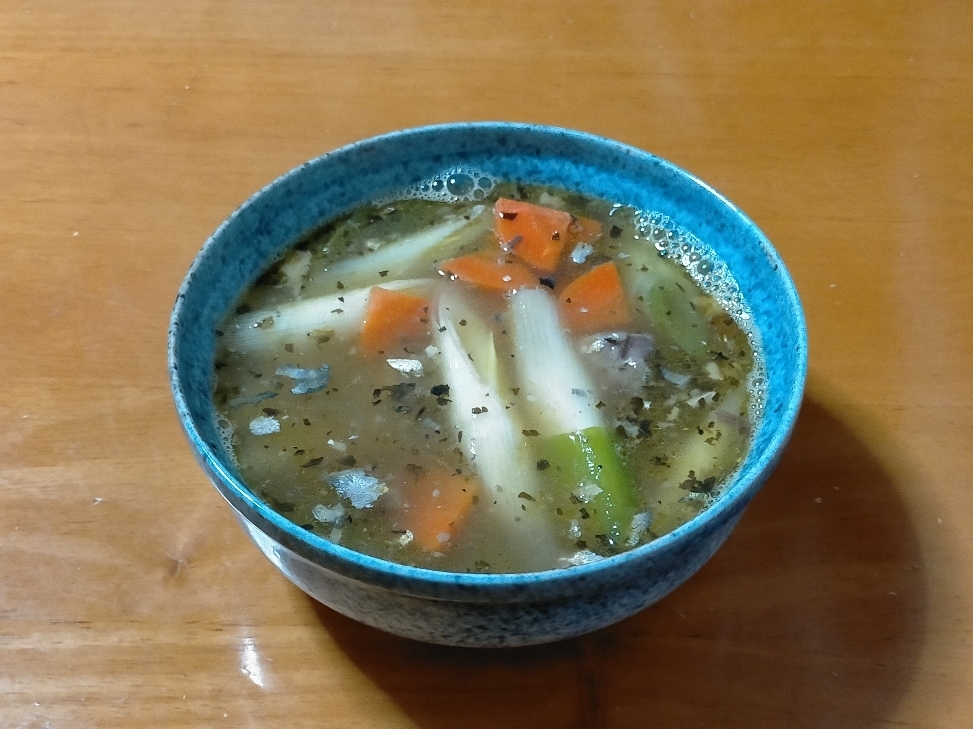 サバオリーブオイルバジル缶と長ネギと人参のスープ