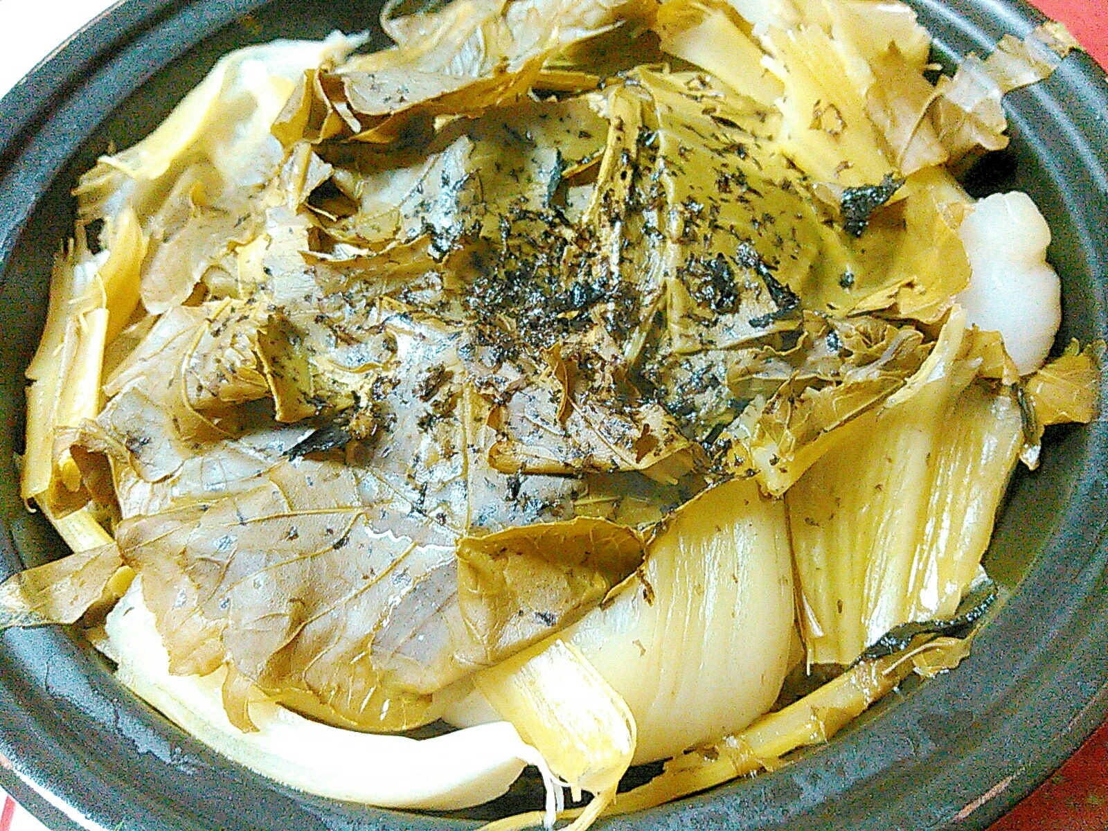 大根の葉と青梗菜の蒸し煮☆海苔風味