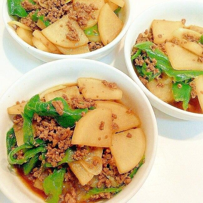 ご飯進みます☆大根とピーマンと挽肉のこってり炒め♪