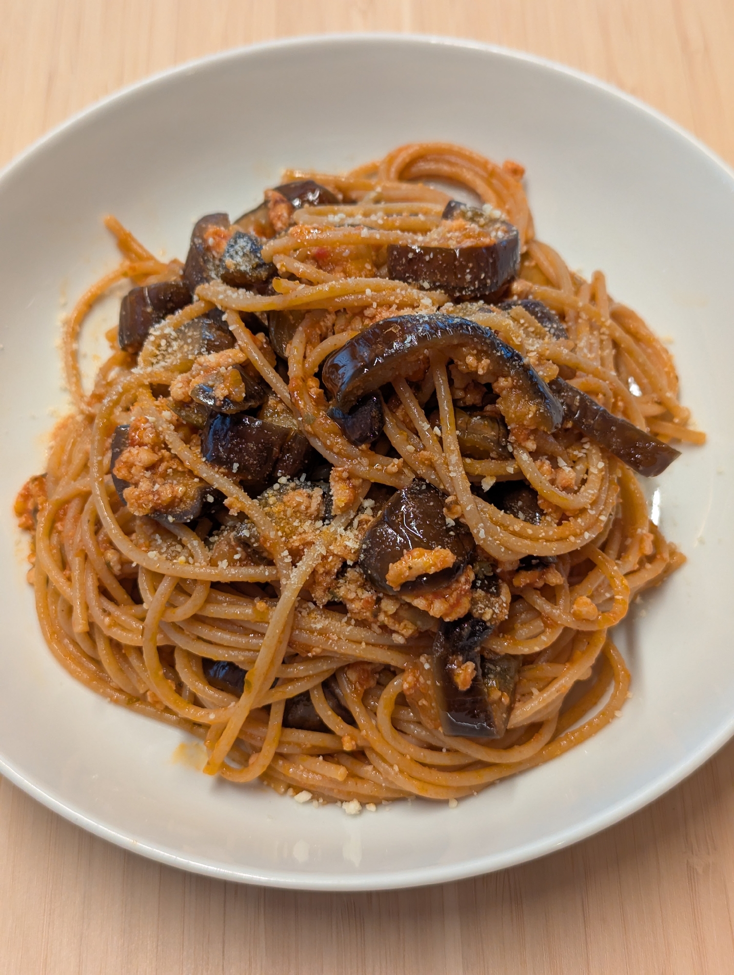 茄子たっぷりむね肉ミンチのスパゲティ