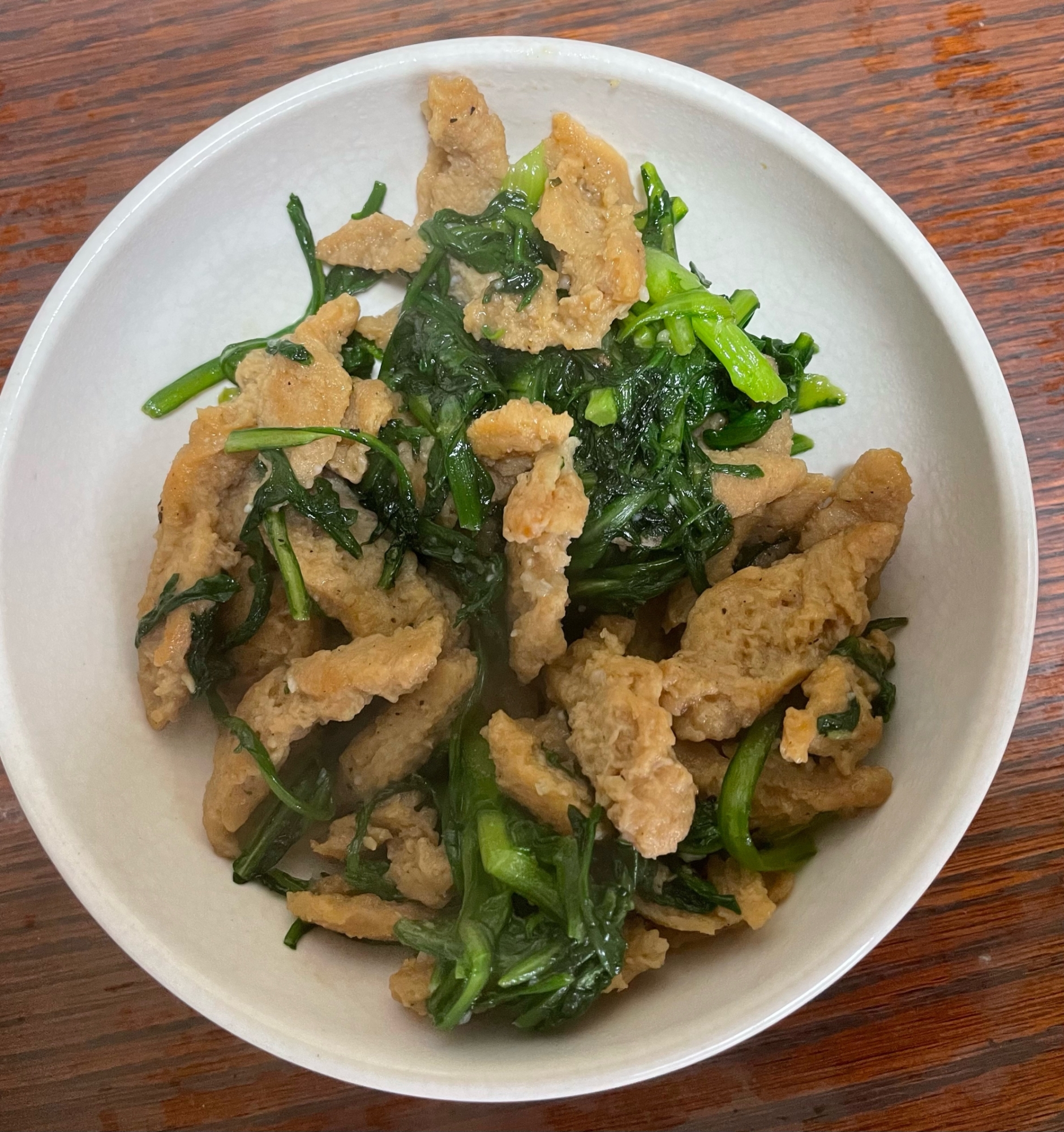 大豆ミートと春菊のオイスター炒め