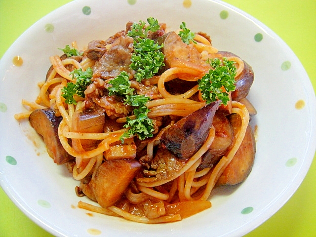 茄子と牛肉のケチャップ醤油パスタ