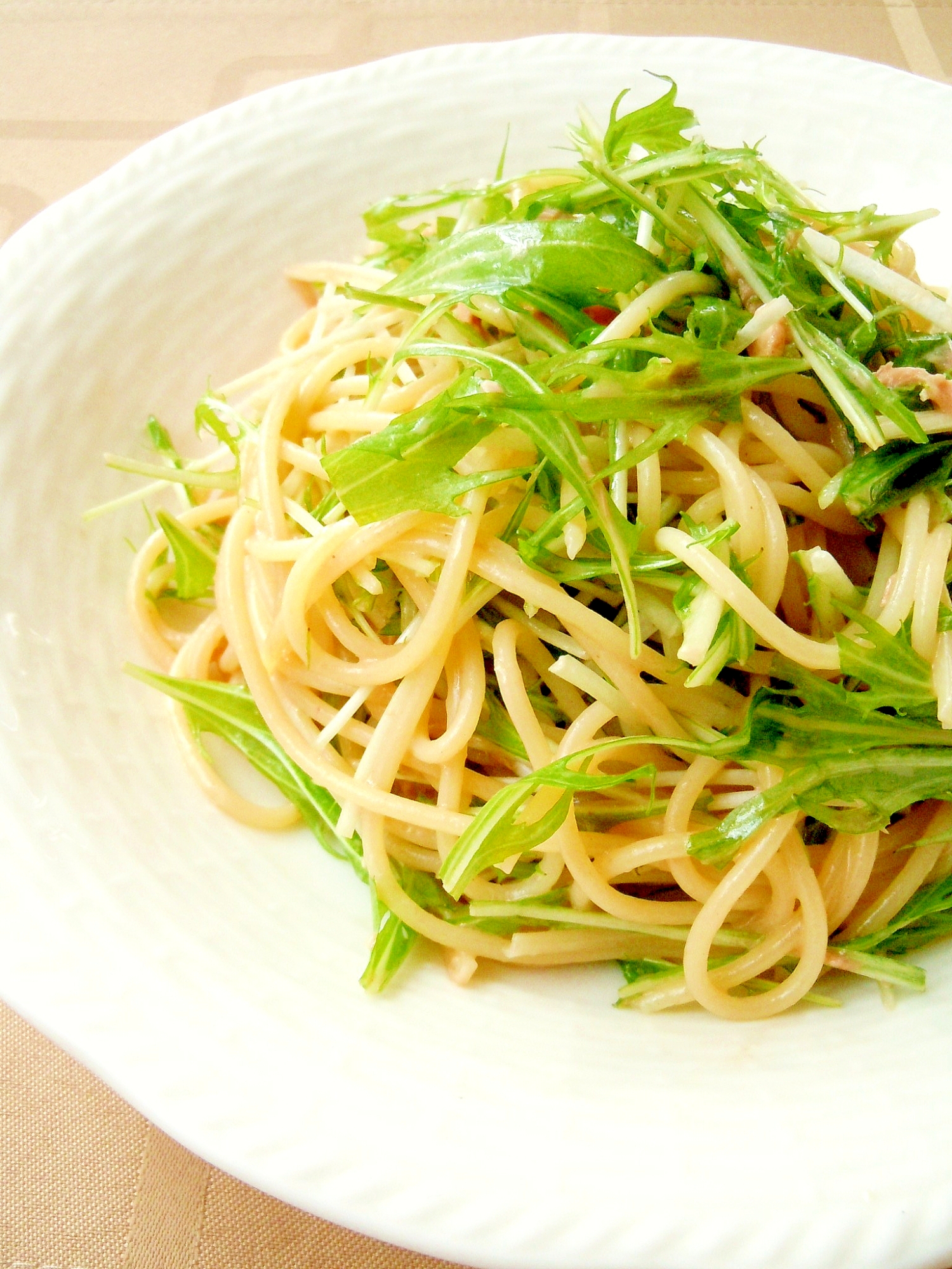 ごまだれでお手軽簡単★水菜とツナのパスタ