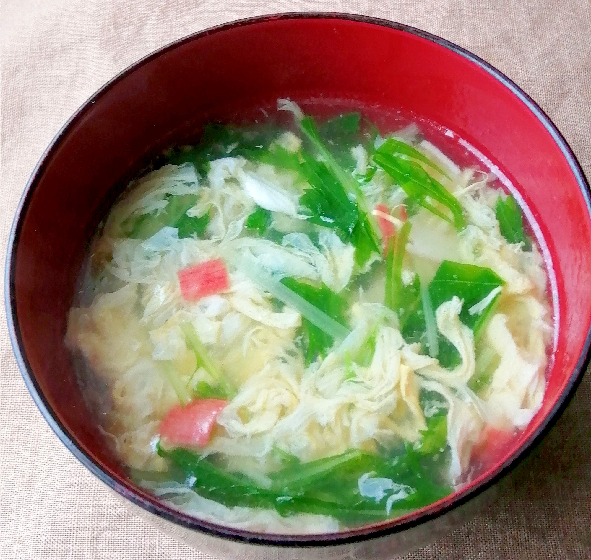 水菜とカニカマのふんわり卵スープ♡中華風味