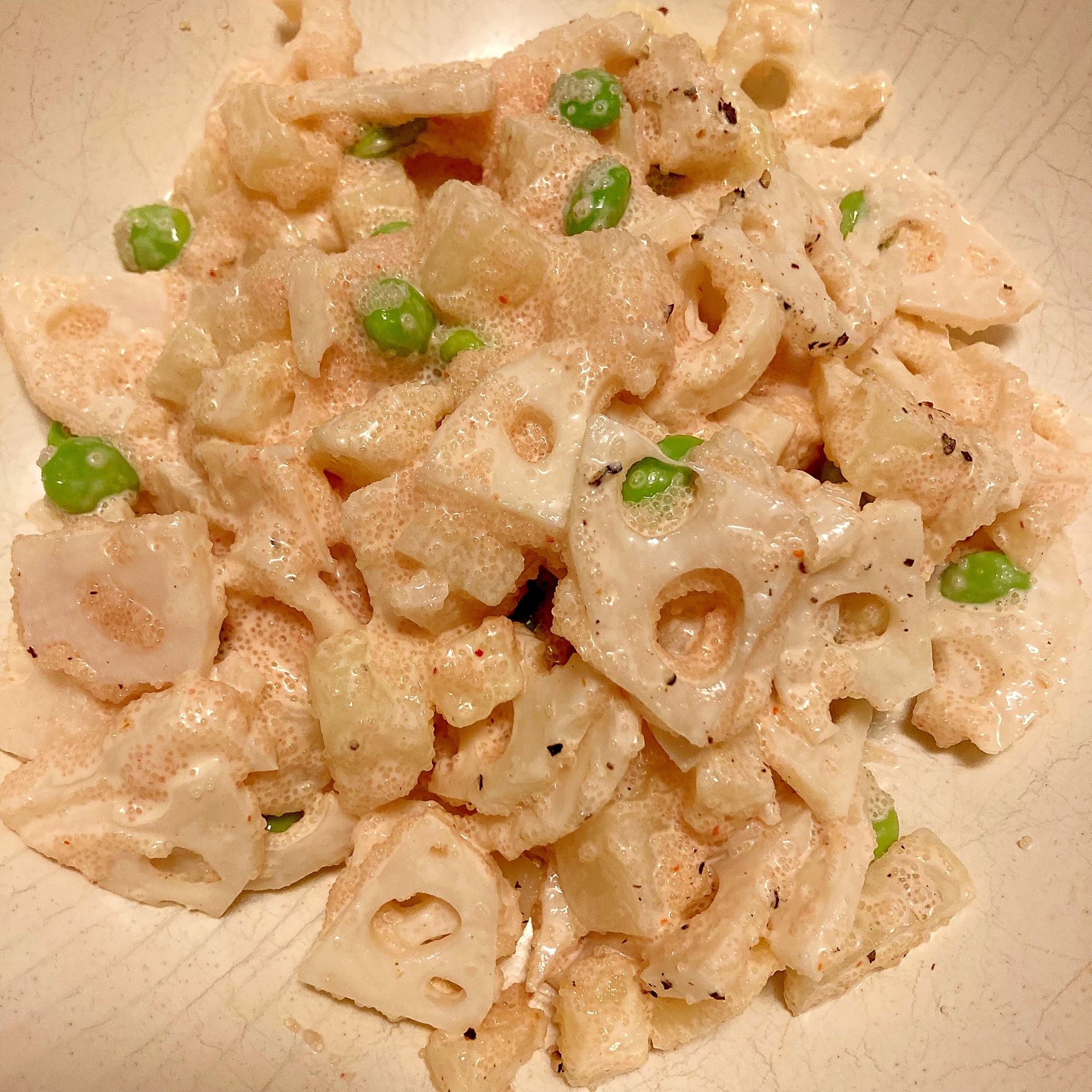 シャキシャキ♪枝豆ポテト蓮根の明太サラダ