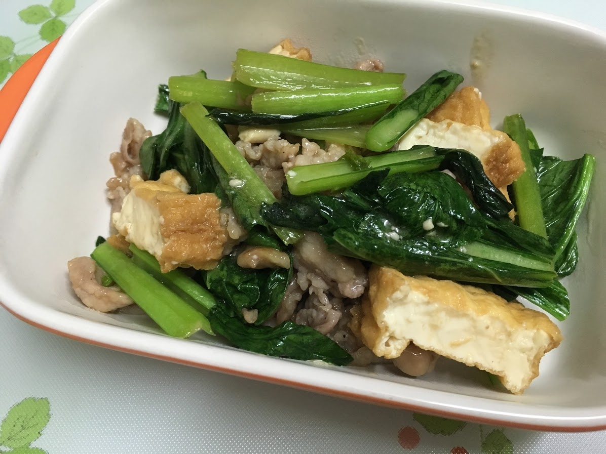 豚肉と小松菜と厚揚げ　麺つゆで簡単炒め煮