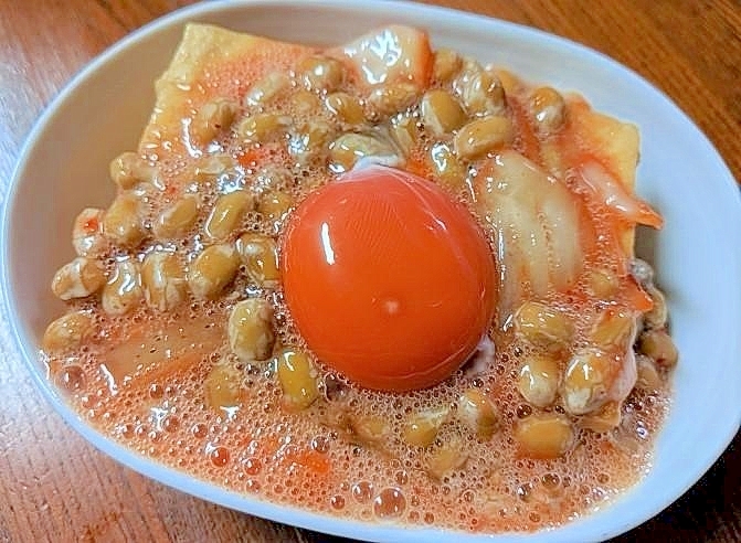 ●残り物で♪ふわふわ★黄身乗っけ納豆キムチ厚揚げ●