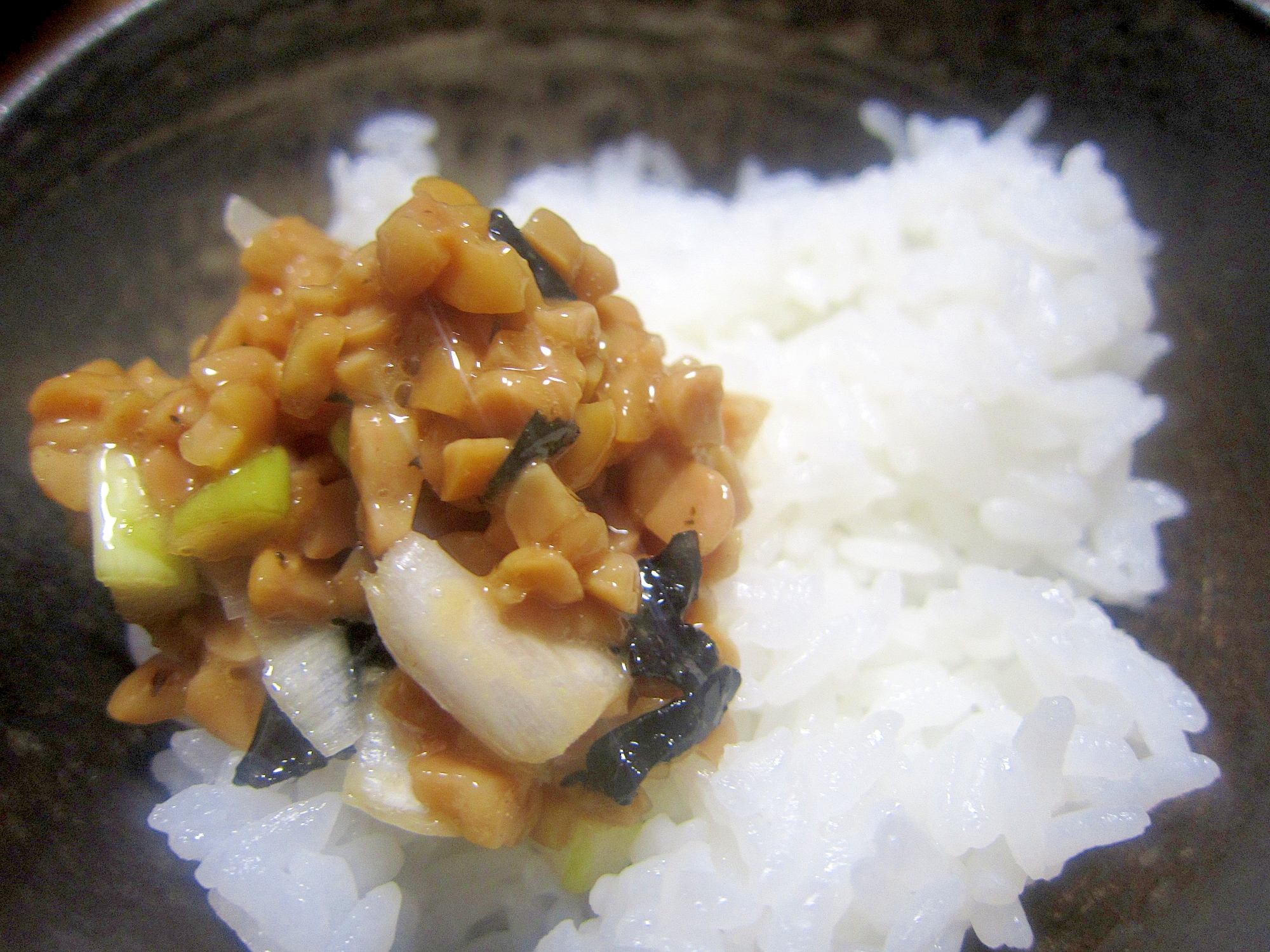 葱と塩昆布と納豆牡蠣醤油御飯