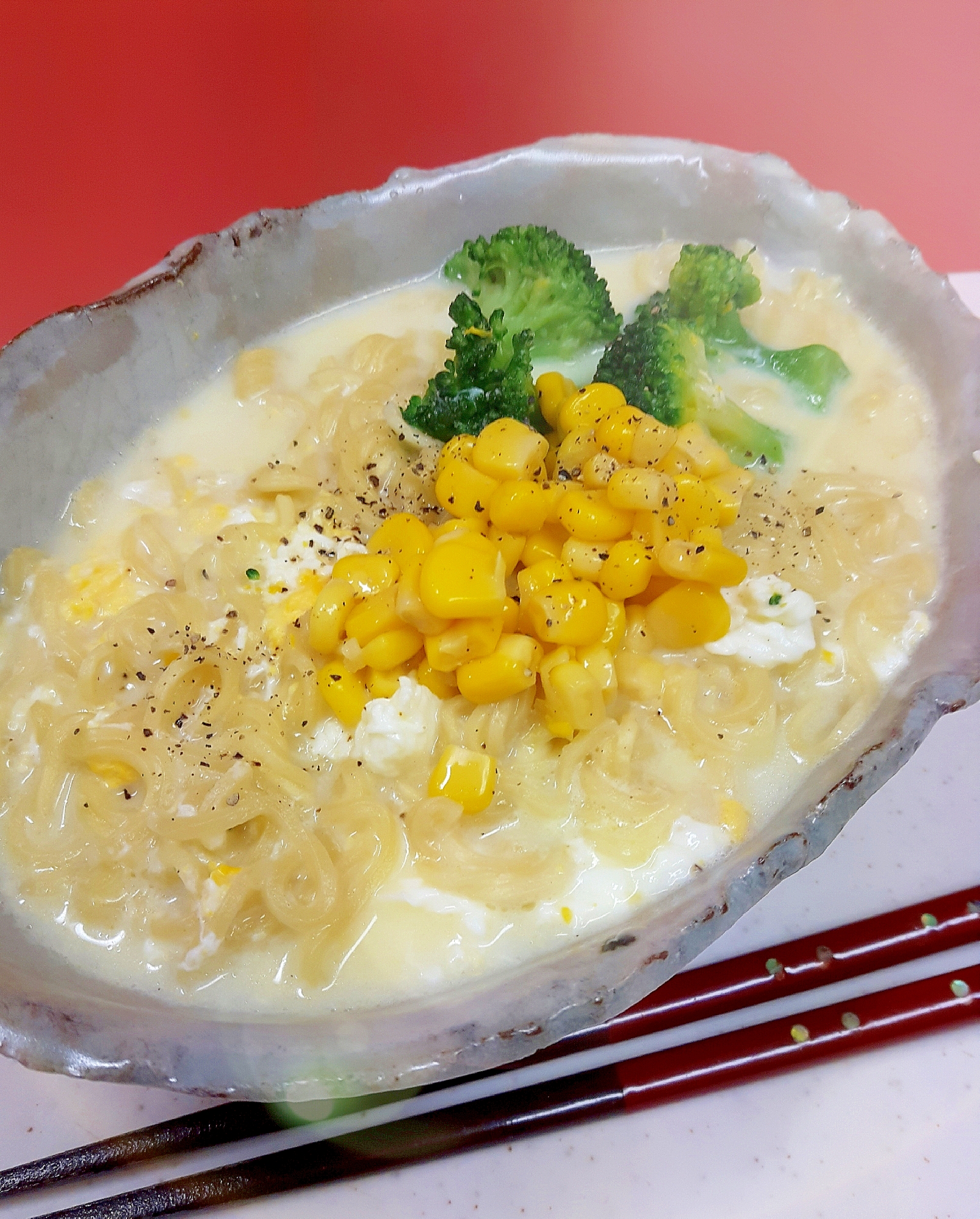 袋麺アレンジ!(^^)ブロッコリー+コーン+牛乳♪
