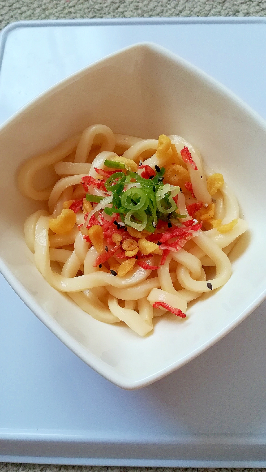 天かすと干し桜えびとごま塩と刻みネギのうどん