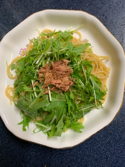 めんつゆで簡単味付け☆ 水菜とツナの和風パスタ