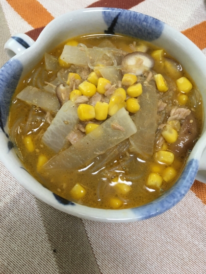 ツナ缶の残り汁でカレー風味の簡単春雨スープ