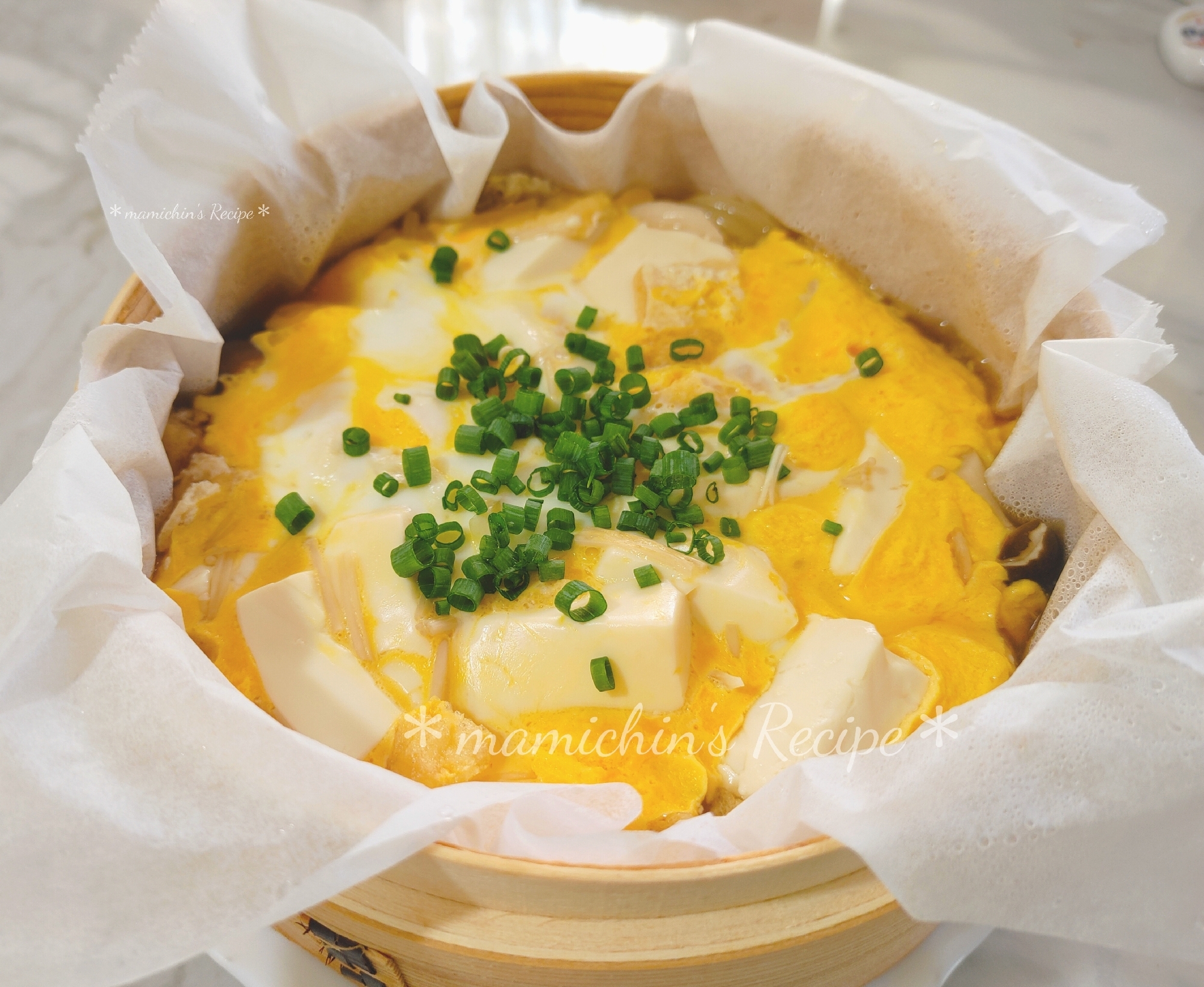 とろみ豆腐の卵とじ 蒸籠蒸し