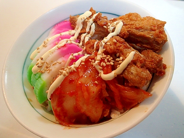 青じそぽん酢＆マヨで　牛蒡天♡蒲鉾♡キムチ丼♬