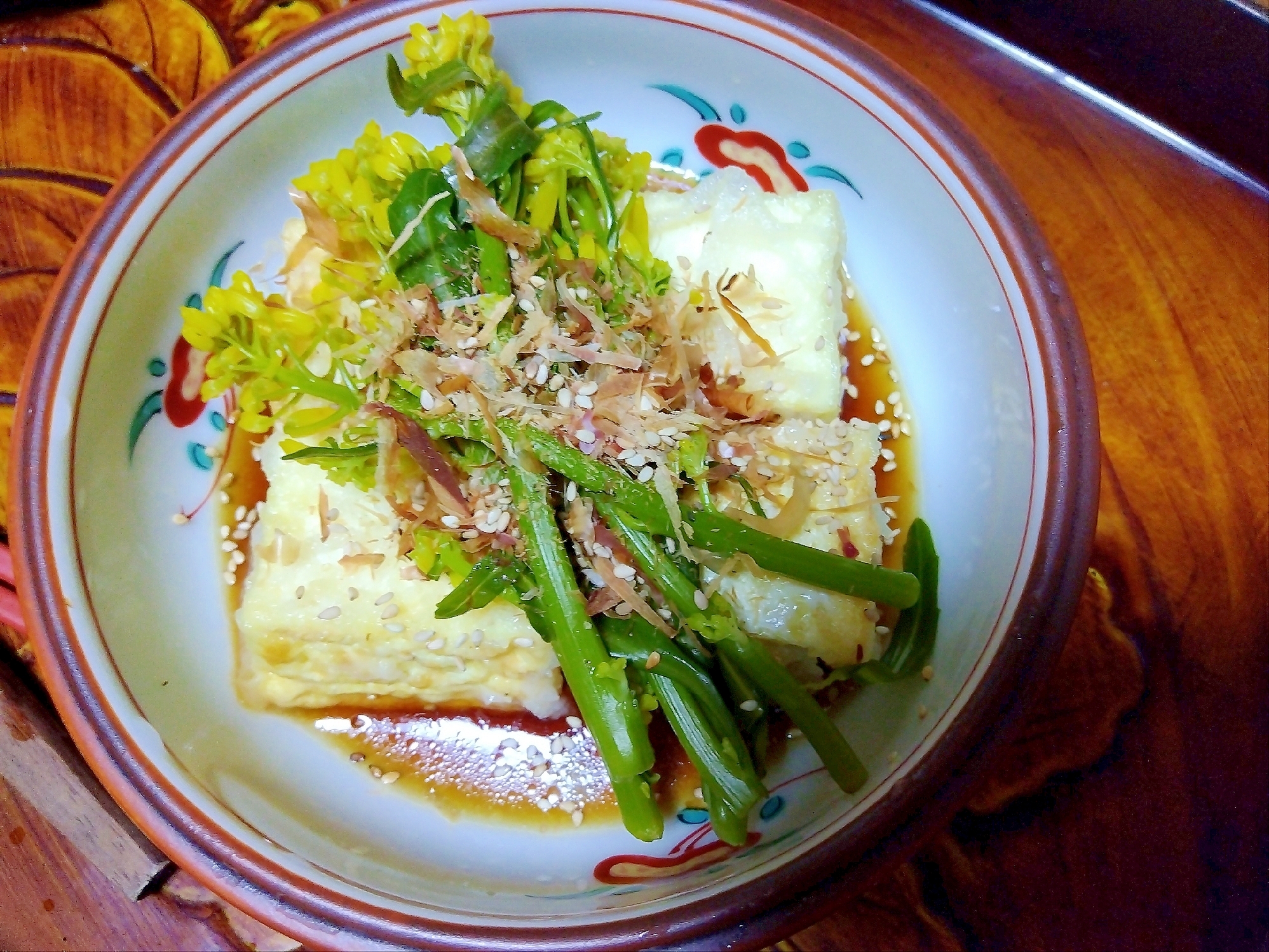 ケールの菜花おかか胡麻♡揚げ出し豆腐