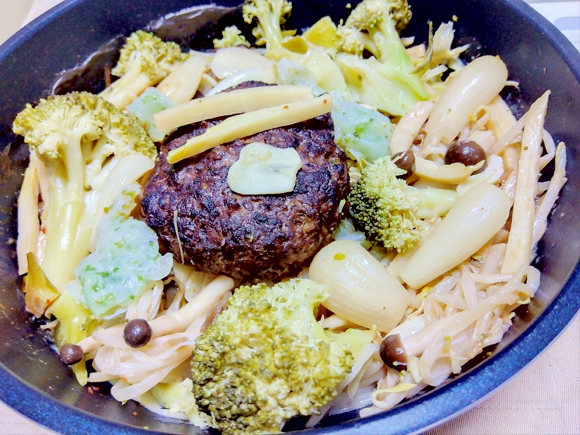 筍らっきょうブロッコリーもやし蒟蒻しめじハンバーグ