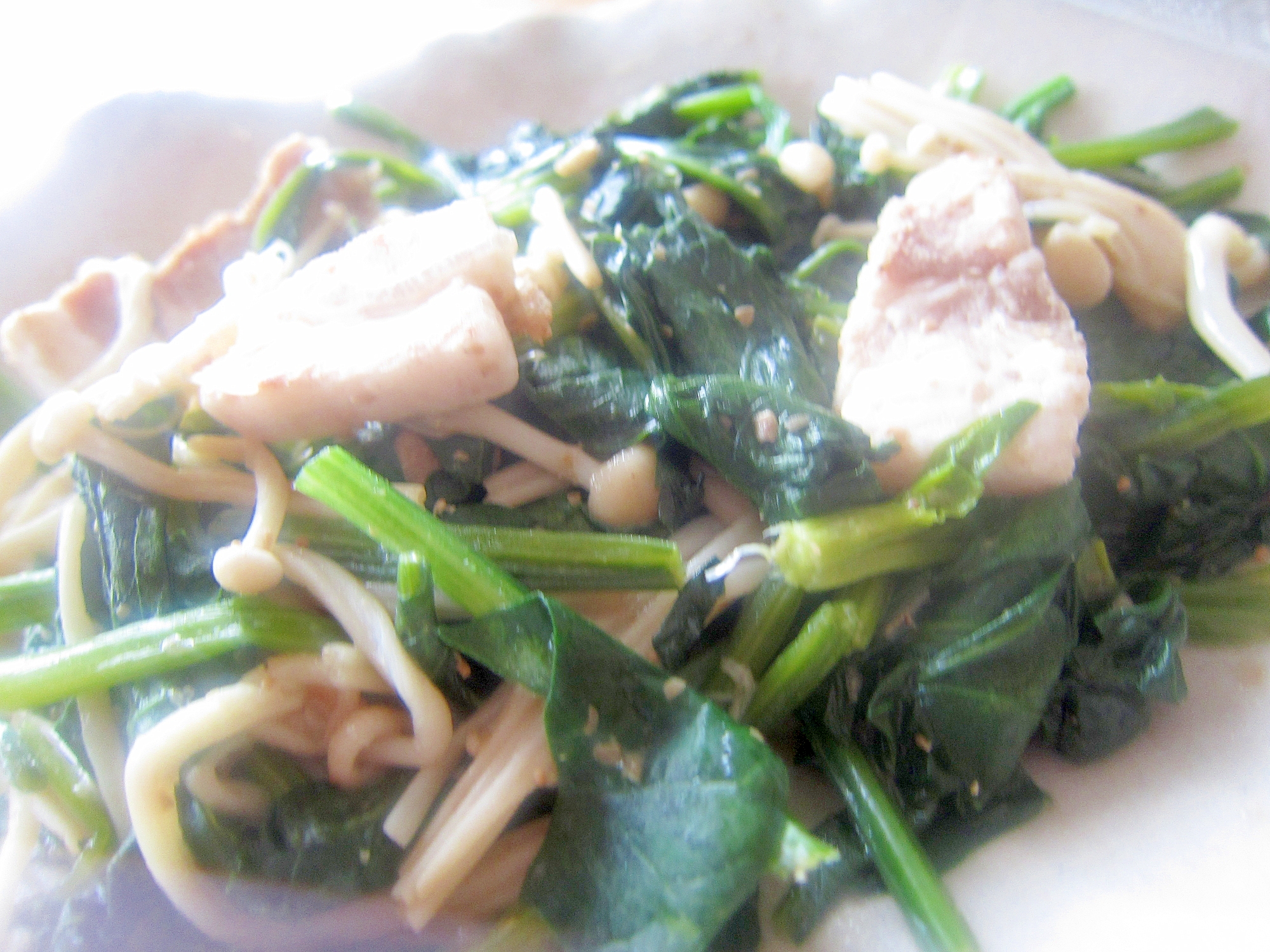 にらと水菜と豚肉えのきの味醂麺つゆグリル