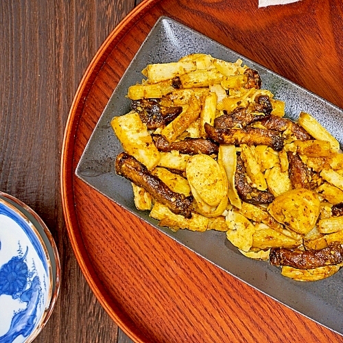 豚肉と長芋とほぼホタテのカラマンシー旨辛ぽん酢炒め