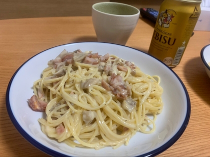 舞茸とベーコンでカルボナーラ！舞茸がいい感じで とてもおいしかったです！