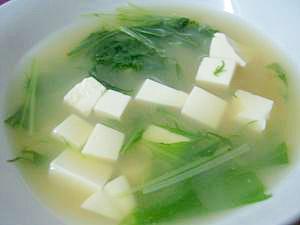 水菜と豆腐の味噌汁（めんつゆ使用）