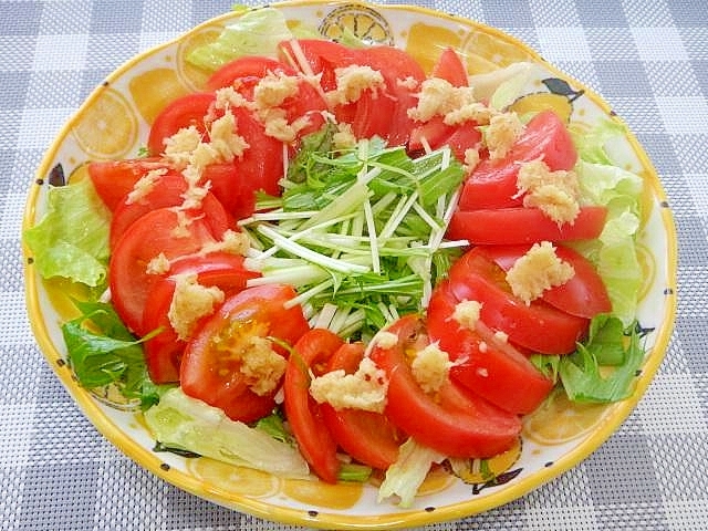 トマトと水菜レタスの生姜サラダ