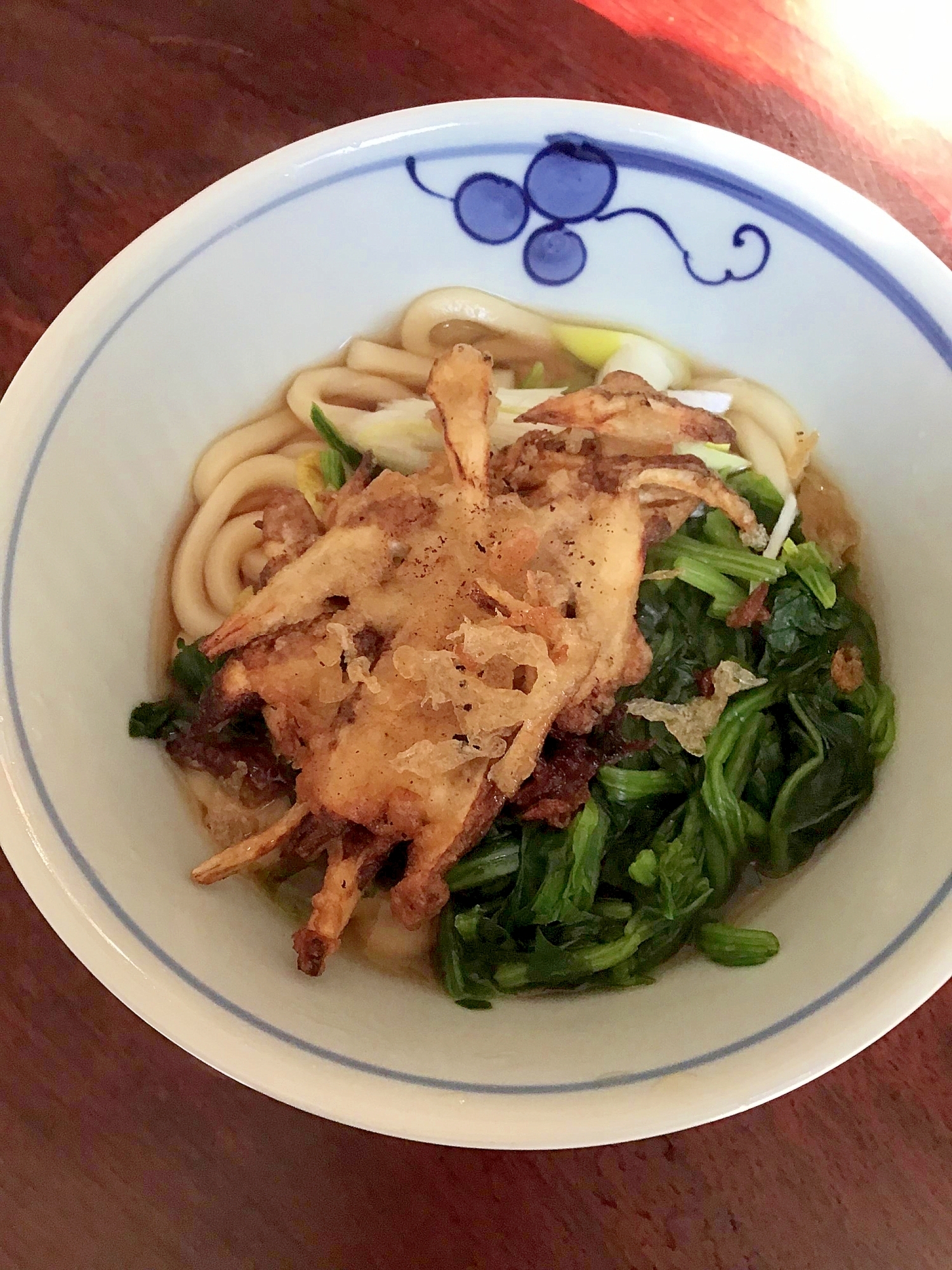 ちぢみホウレンソウと一緒にゴボウ天うどん（温）