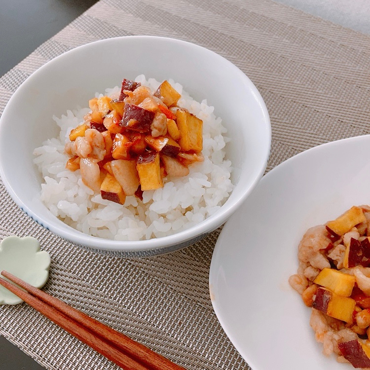 豚肉とさつまいものピーナッツバターで甘辛醬♪