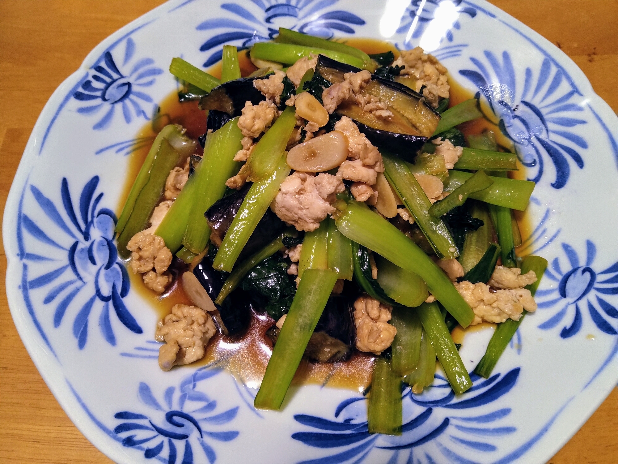 小松菜とナスの挽き肉炒め