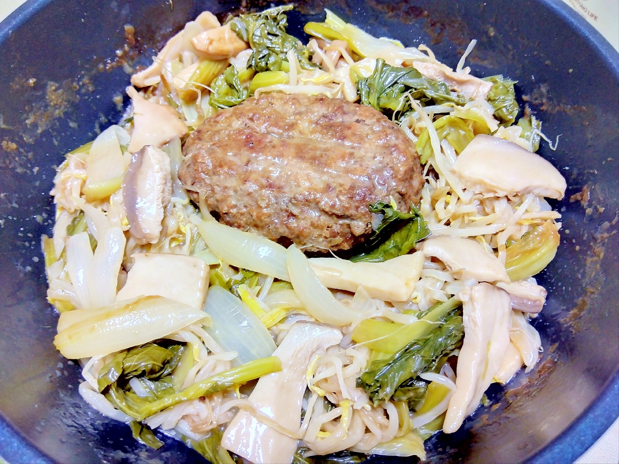 エリンギ小松菜もやし小玉葱ハンバーグ蒸し煮