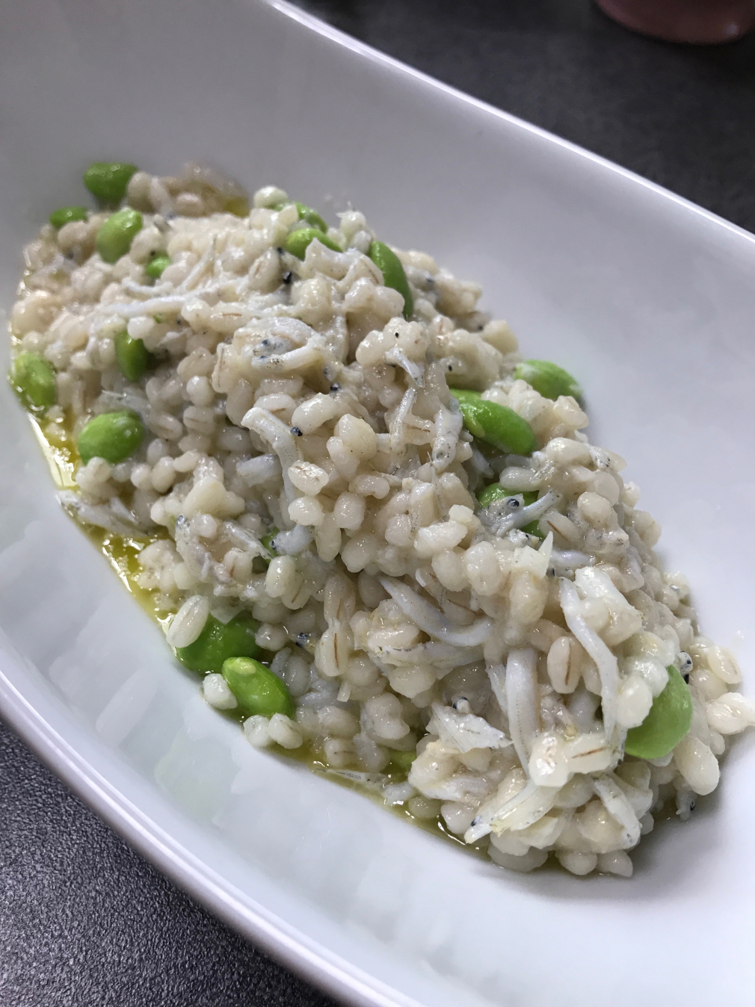 シラスと枝豆のもち麦リゾット