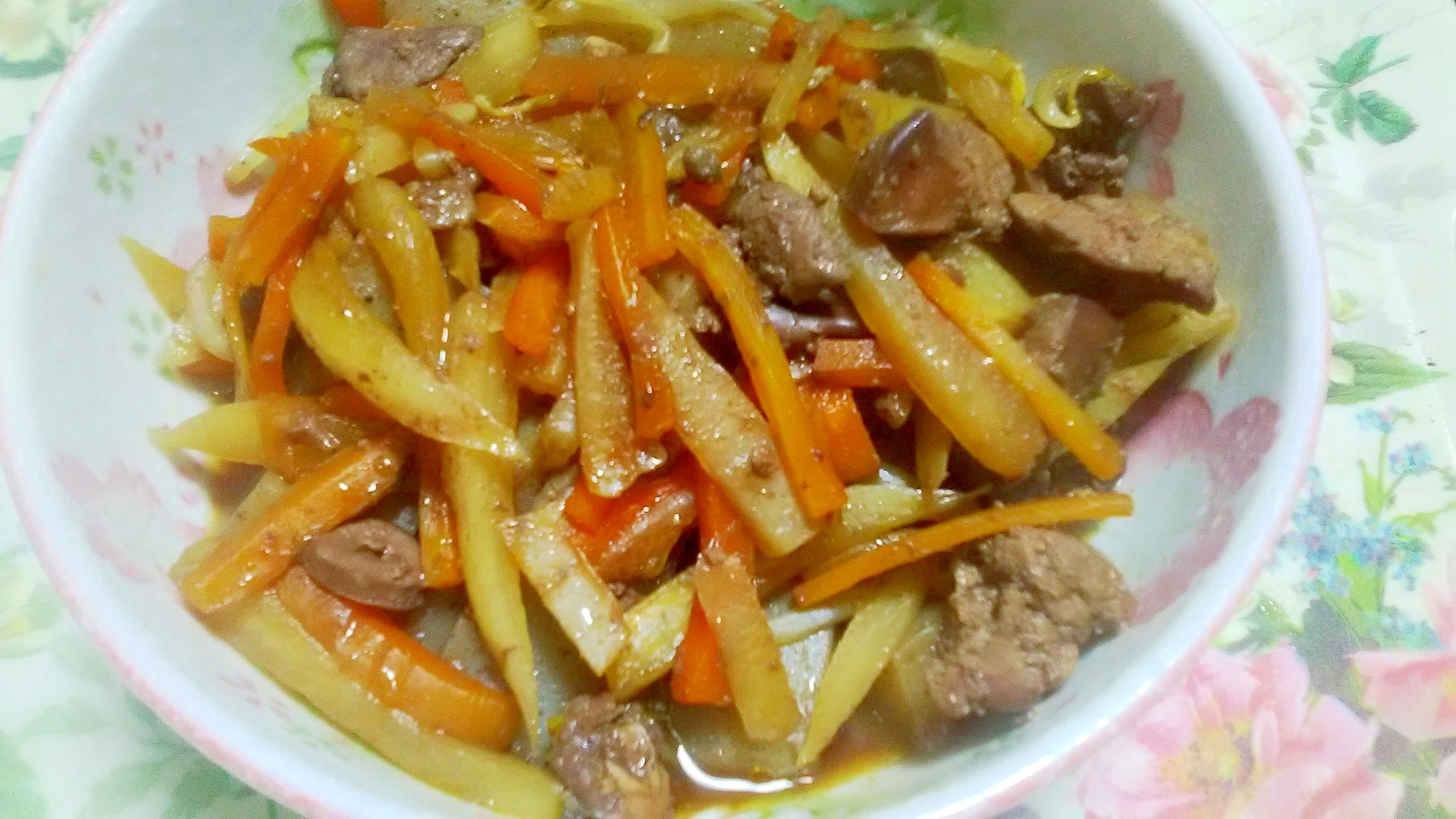 鶏レバーとこんにゃく、大根、にんじんの焼肉のたれ味